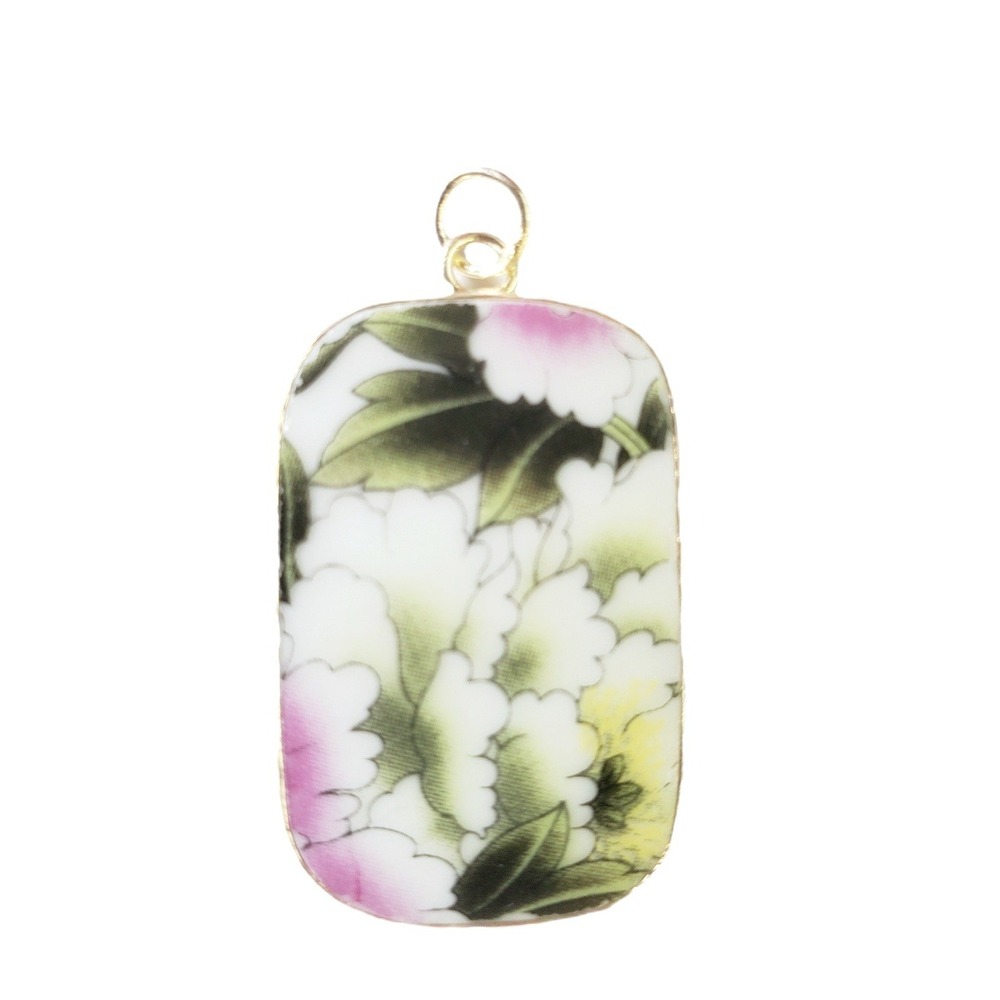 Pink White Peony Floral Transferware Pottery Shard Pendant Broken China Jewelry